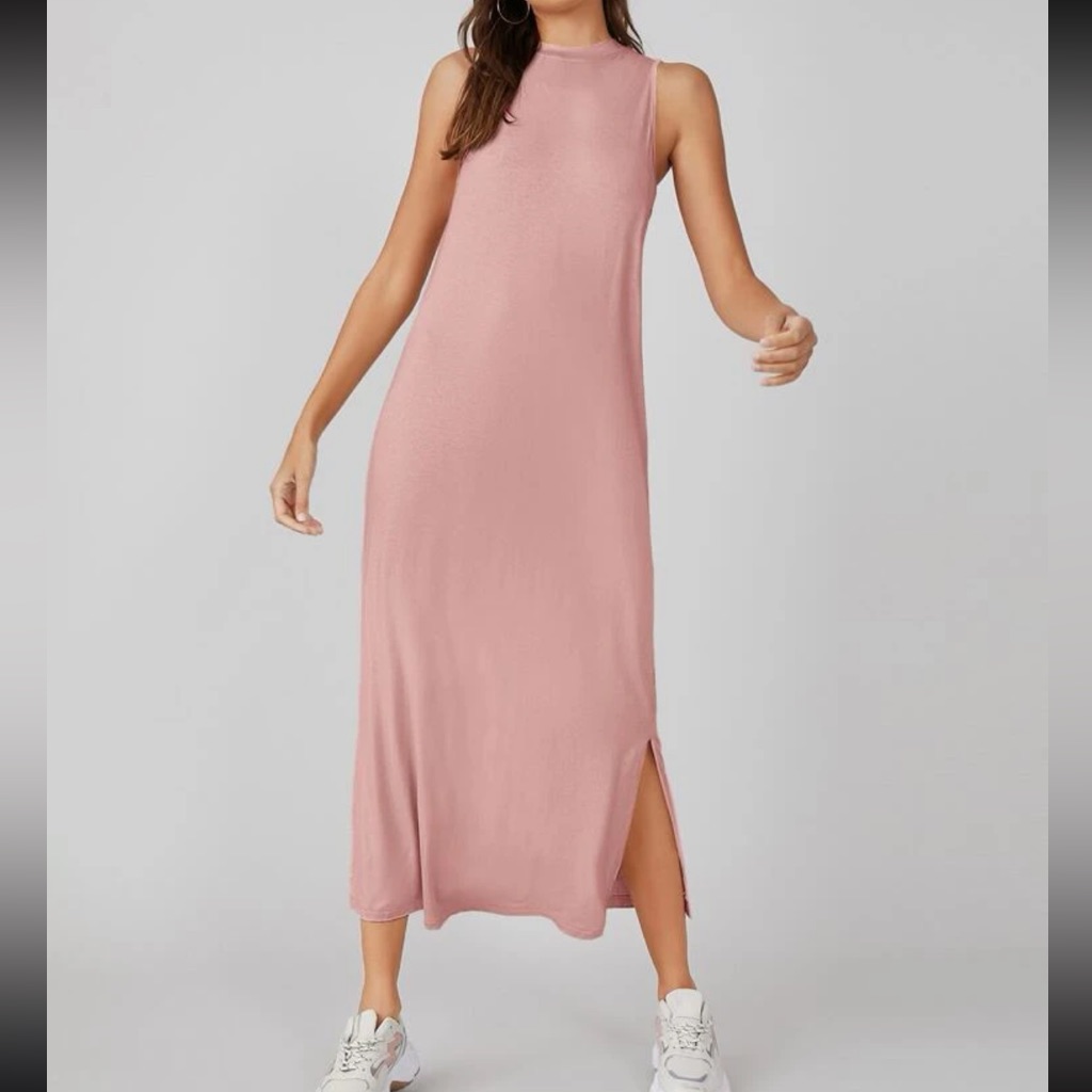 Dusty Pink Basic Split Hem Solid Dress